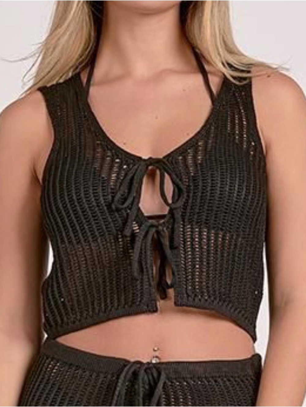 Elan Sensea Black Knit Tie-Front Crop Top - Women